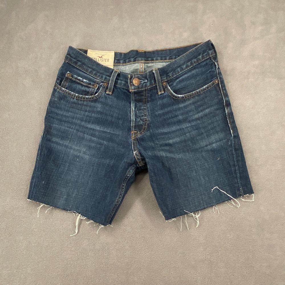 Hollister‎ Denim Shorts Mens 30x32 Blue Cotton Logo Casual Mid Rise Frayed Hem